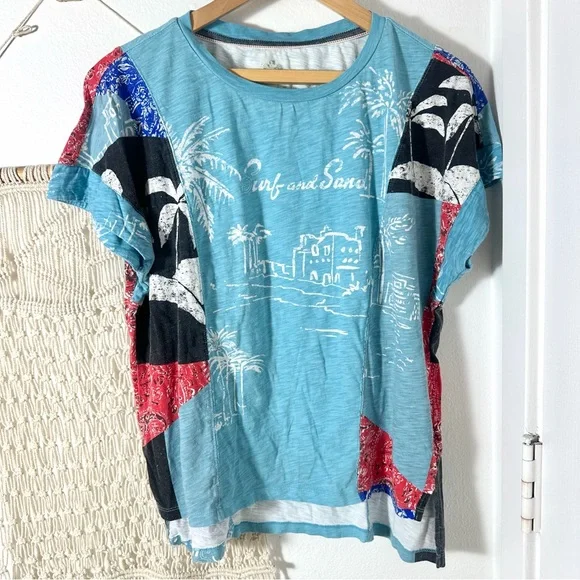 Anthropologie Pilcro Laguna Aqua Surf and Sand Graphic Patchwork Bandana Tee S - Picture 2 of 13